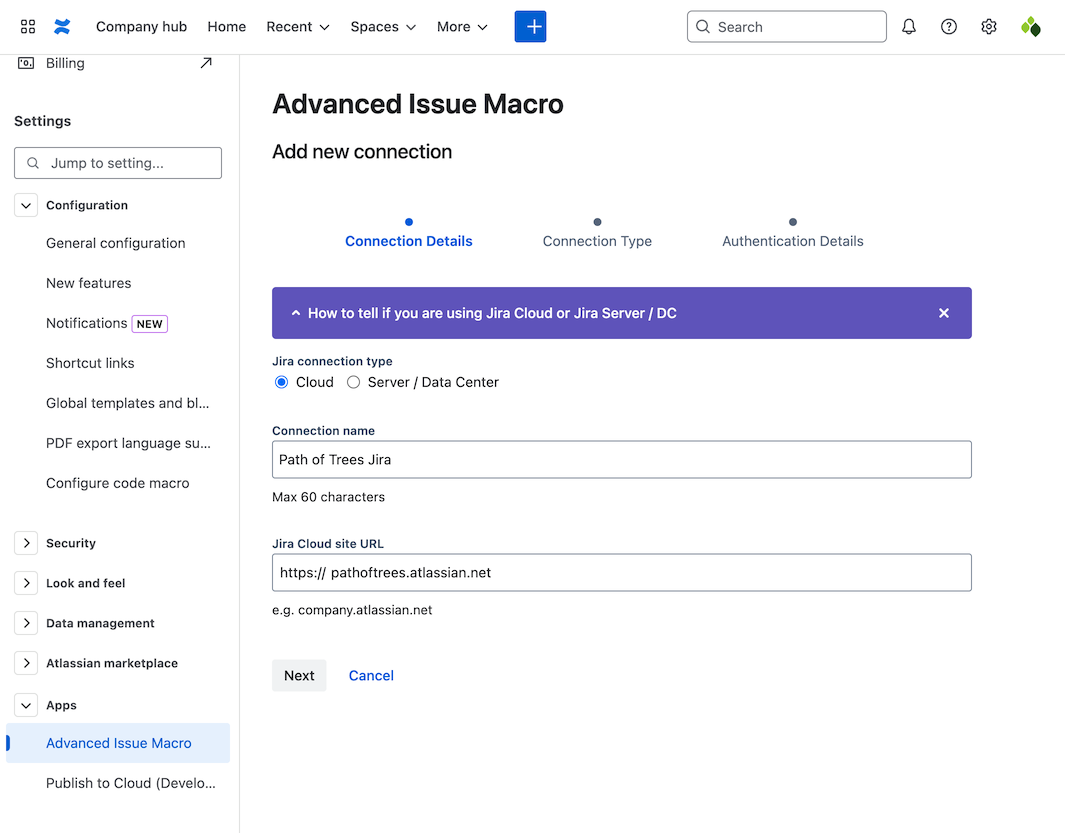 Add new connection screen with Jira Cloud selected and details filled in