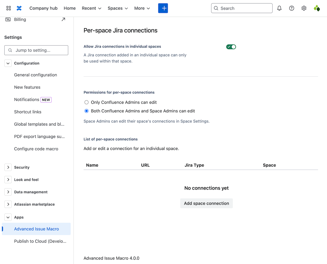 Per-space Jira connections table on the Advanced Issue Macro page in Confluence Settings