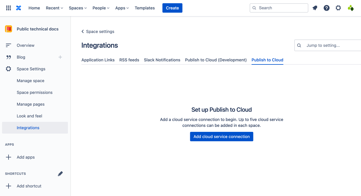 Publish to Cloud page in Space Settings page with 'Add cloud service connection' as the only visible action