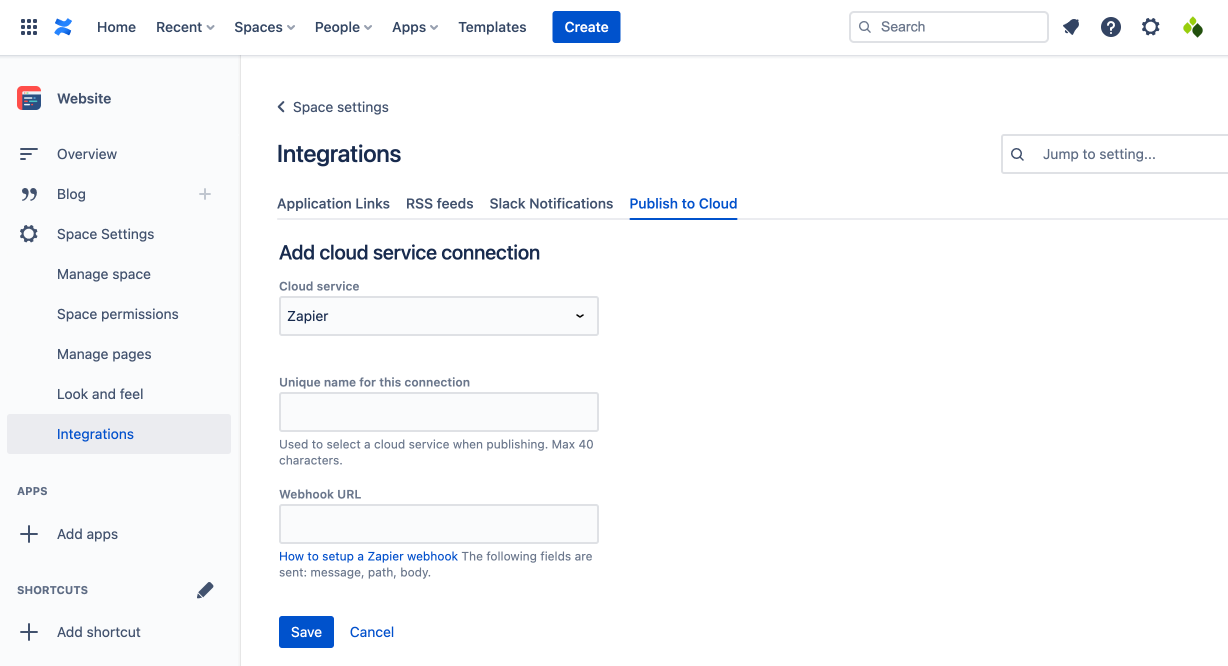 Add cloud service connection page with a cloud service selected