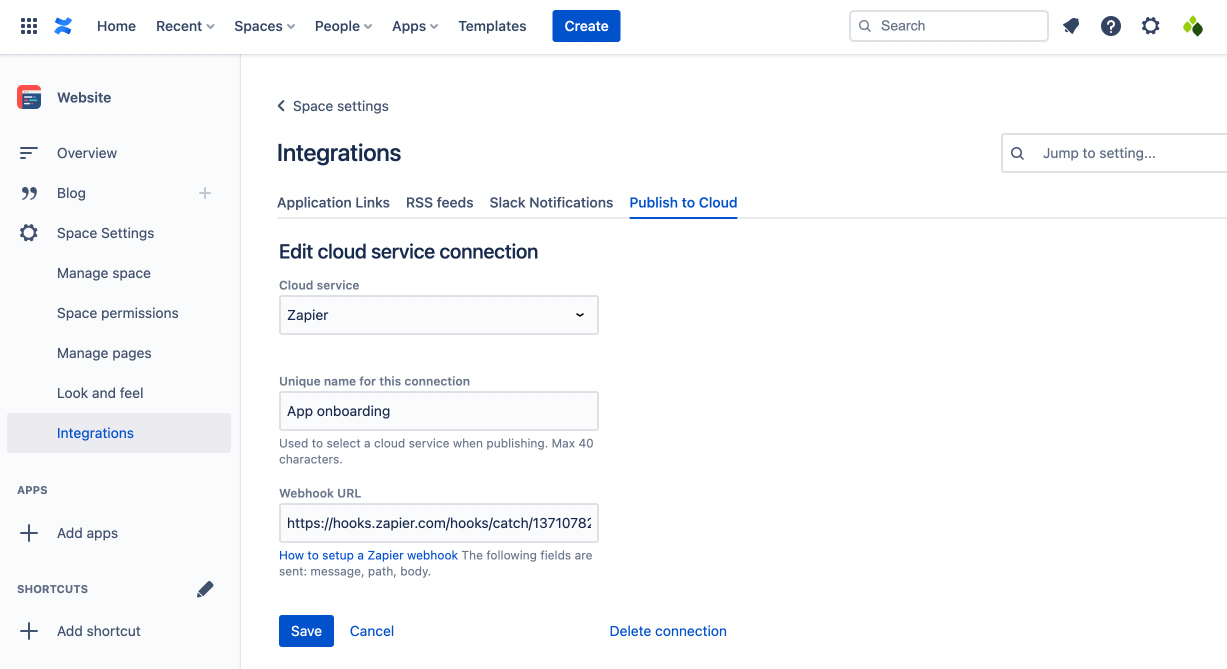 Edit cloud service connection page showing previously saved details