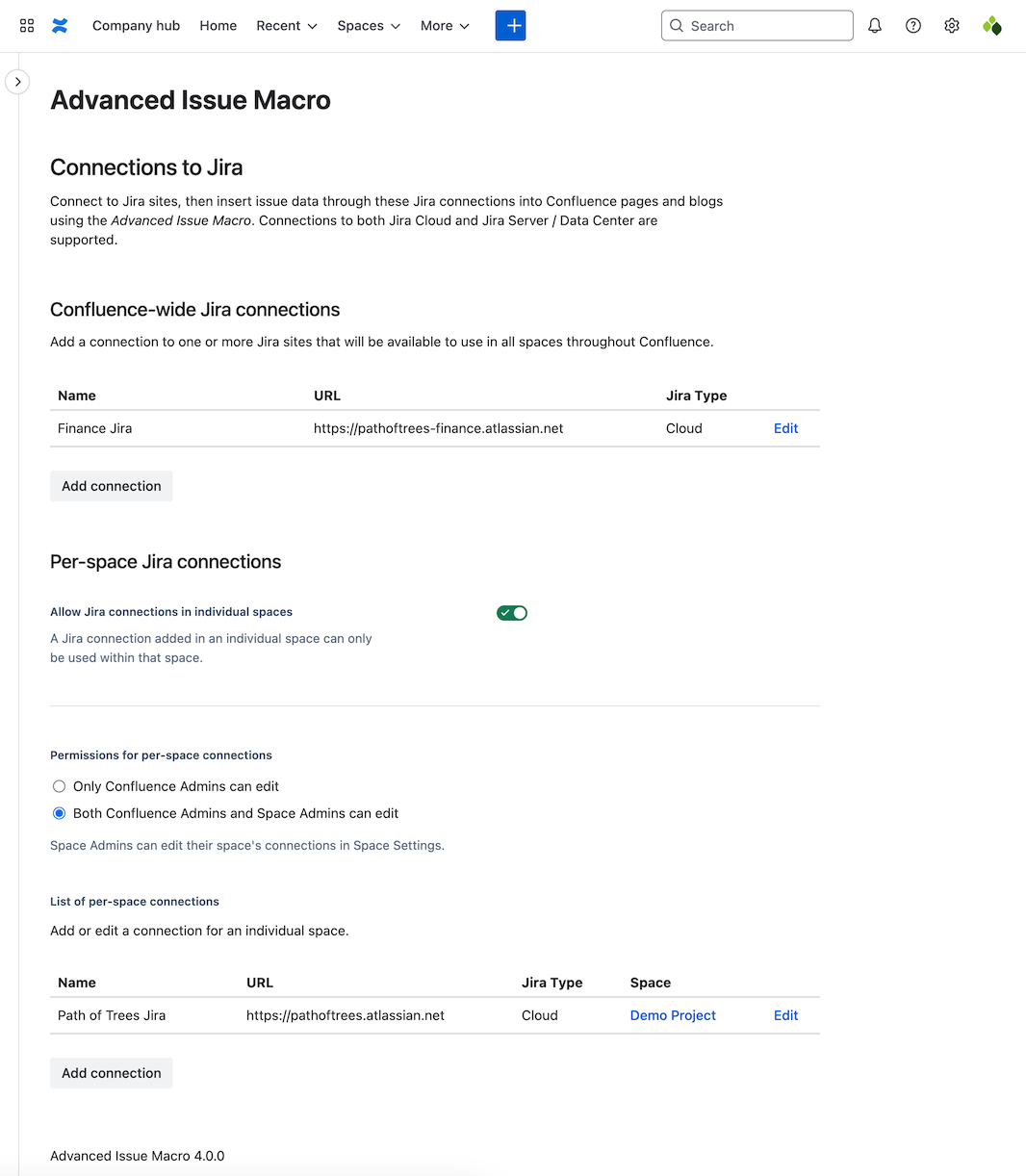 Advanced Issue Macro page in Confluence settings showing the disable space level connections toggle