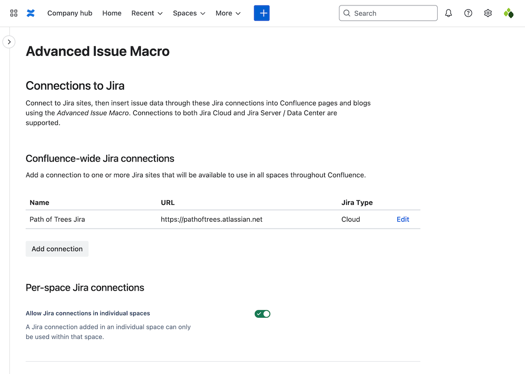 Connections table on Advanced Issue Macro page in Confluence Settings