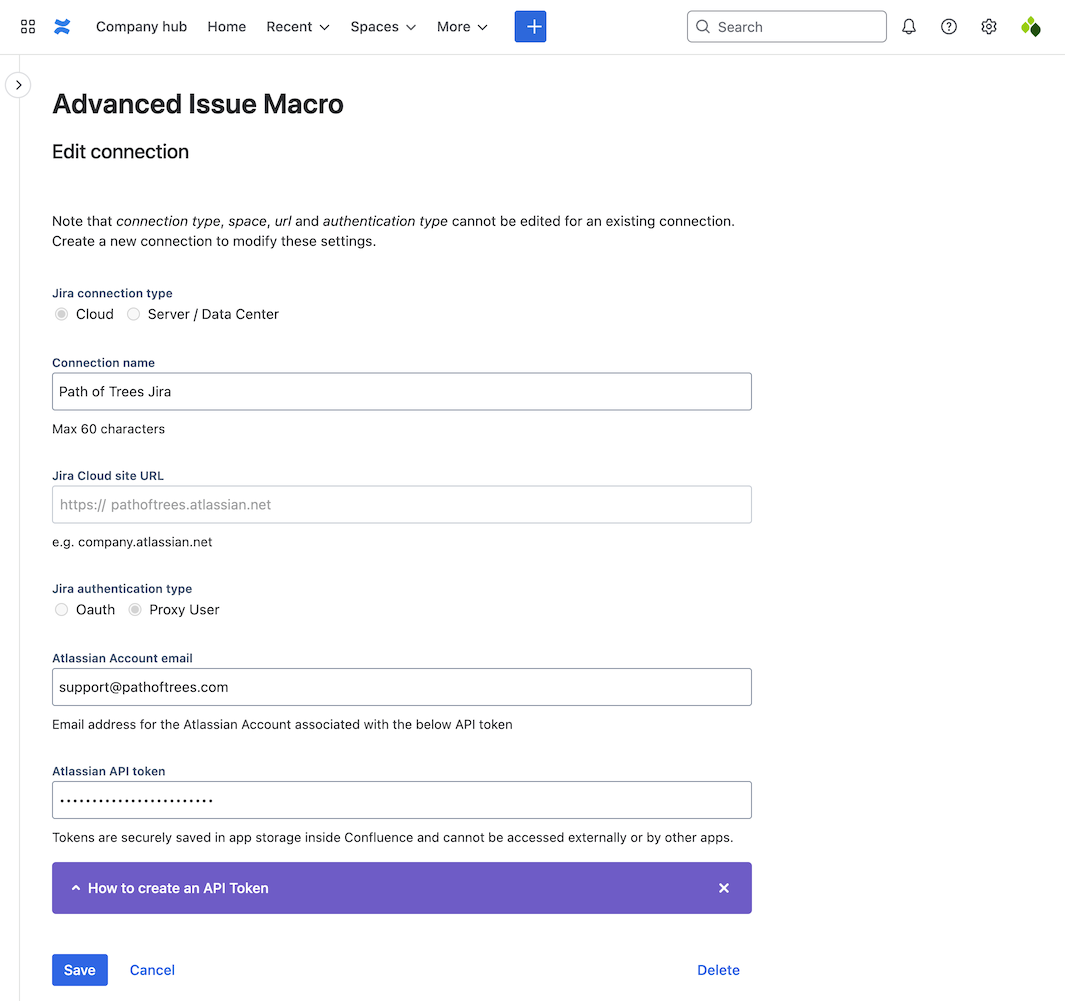 Edit connection form in Confluence Settings