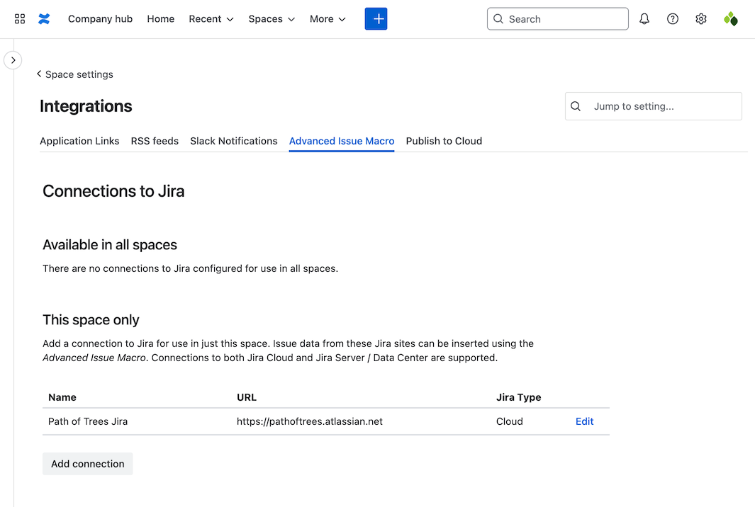 Connections table on Advanced Issue Macro page in Space settings