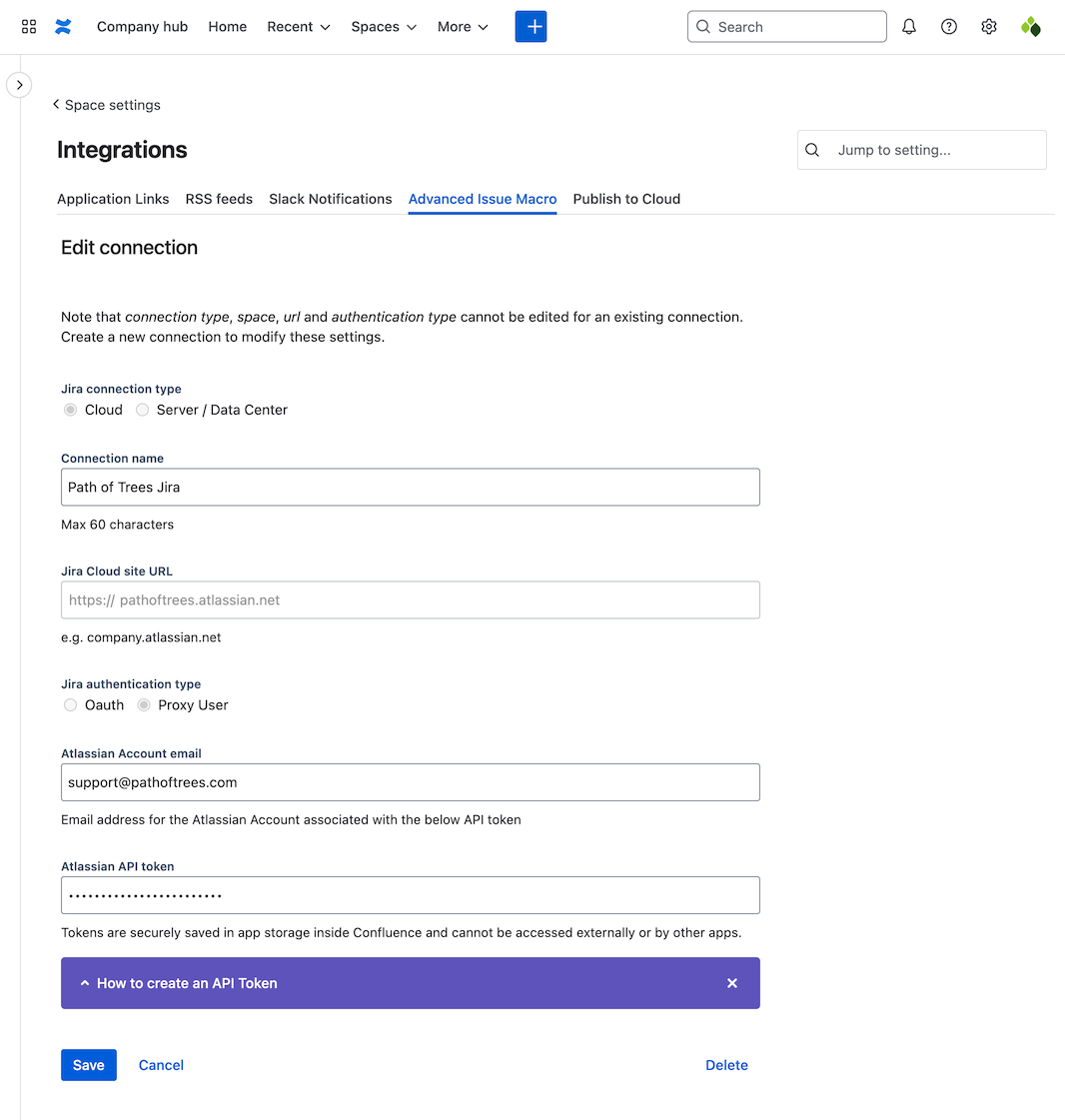 Edit connection form in Space settings