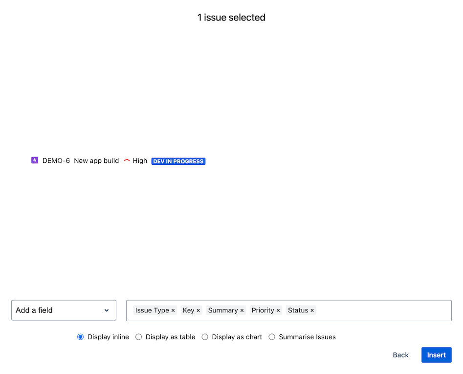 Choose whether data will be displayed as inline fields or a table, chart or summary