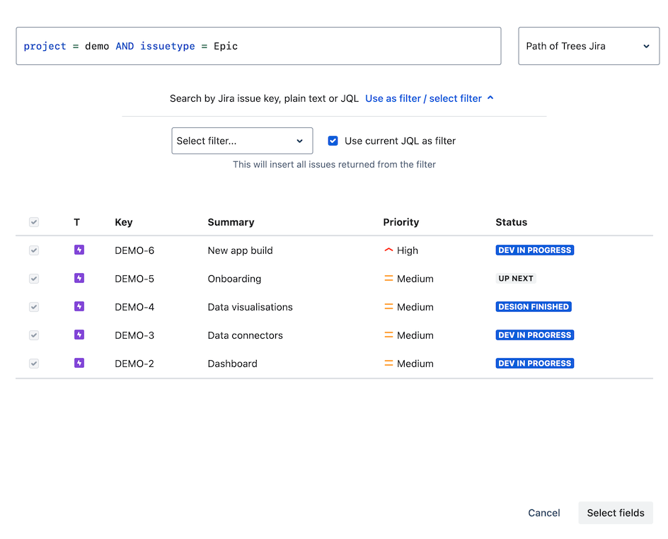 Tick 'Use current JQL as filter' to automatically select all issues matching the entered JQL query