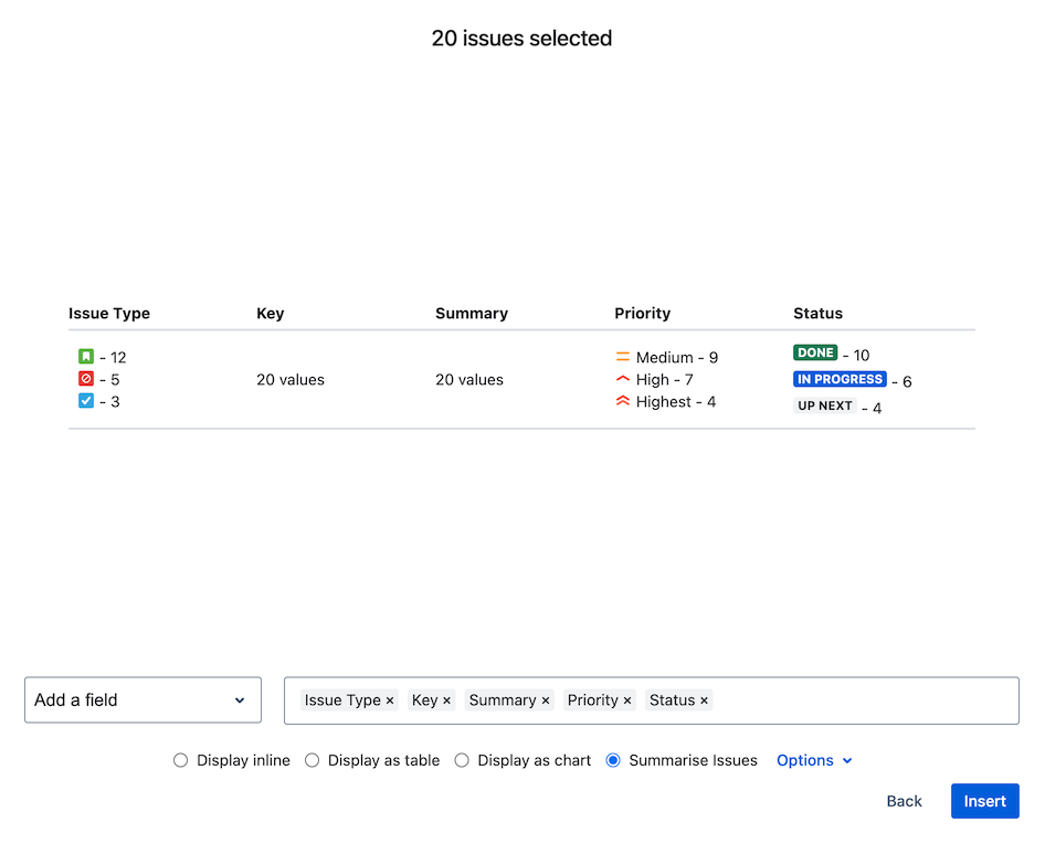 Issue selection modal showing summarised issues