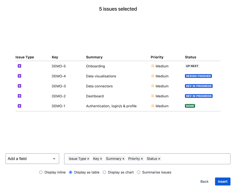 Selected issues displayed as a table with options to configure fields and columns