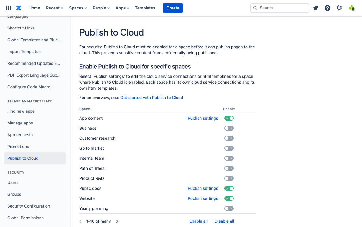 Publish to Cloud settings page in Confluence settings showing a table of spaces with a toggle control next to each to enable/disable Publish to Cloud for that space