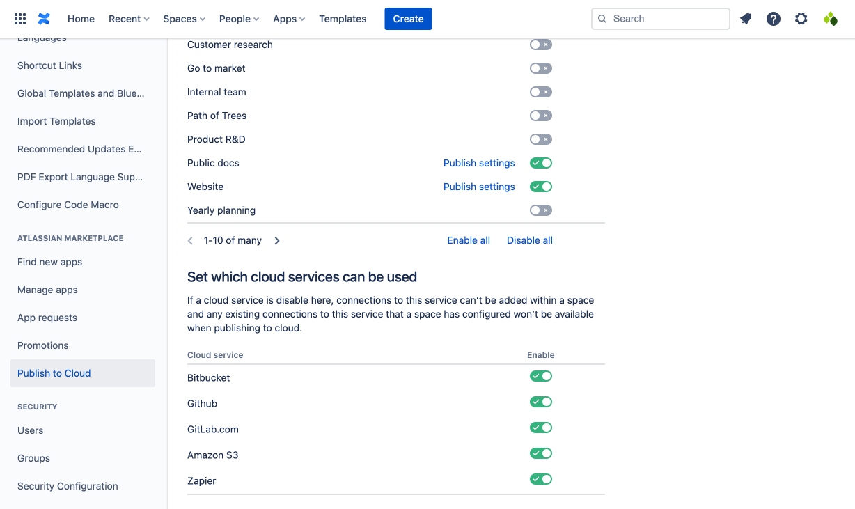Publish to Cloud settings page in Confluence settings showing a table of cloud services with a toggle control next to each to enable/disable that service