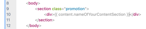 A 'Named content section' variable inserted into the html of a template with placeholder value.